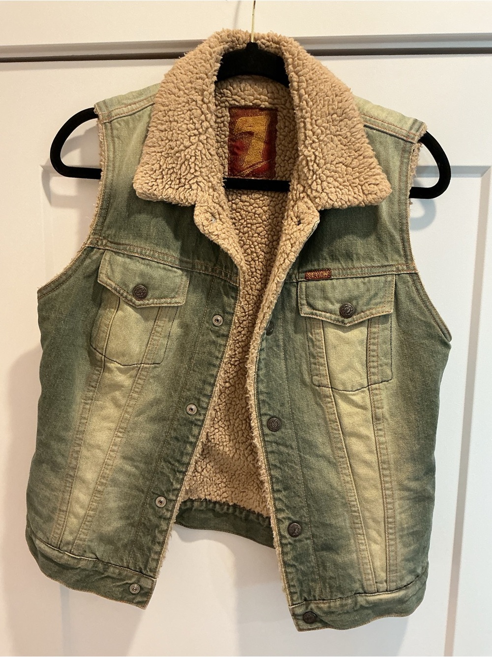 Seven Tan Sherpa-Lined Acid Wash Denim Vest